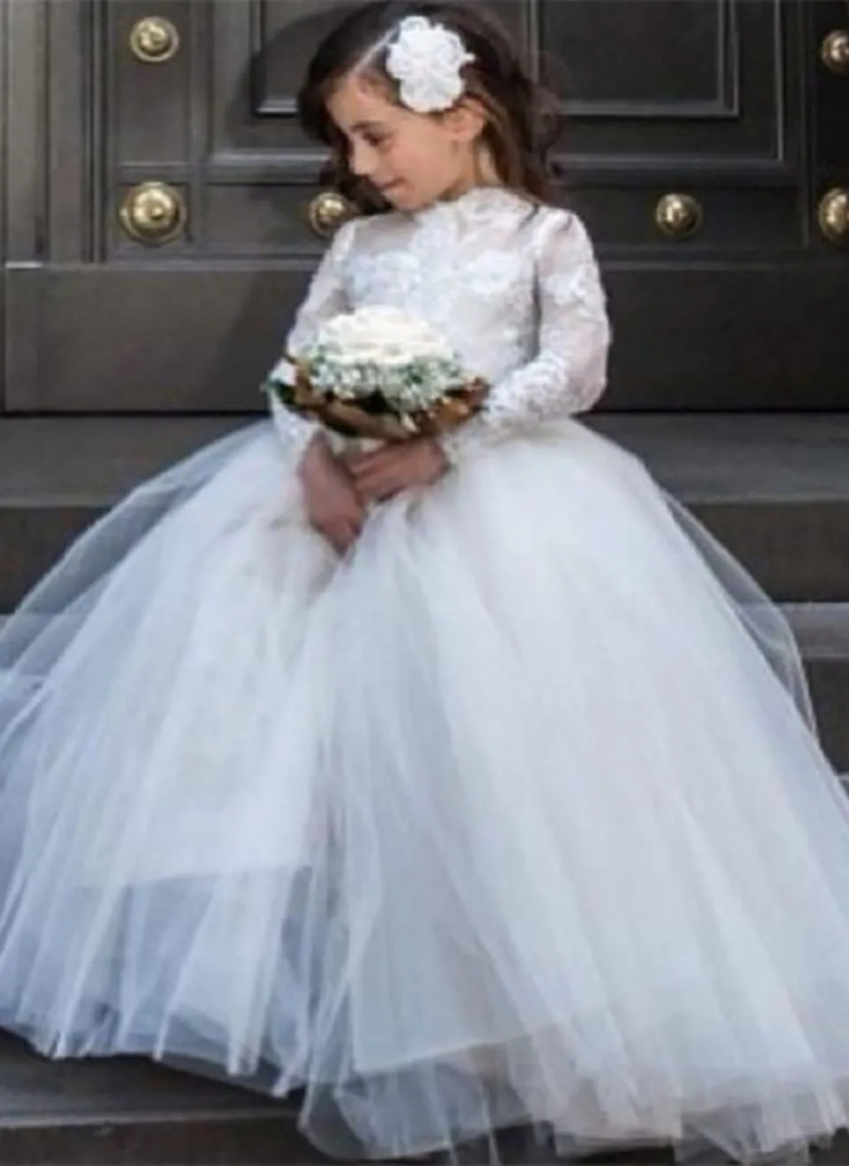 Gratis verzending bloem witte kant lange mouw tule meisje jurken voor bruiloften eerste communie jurken voor