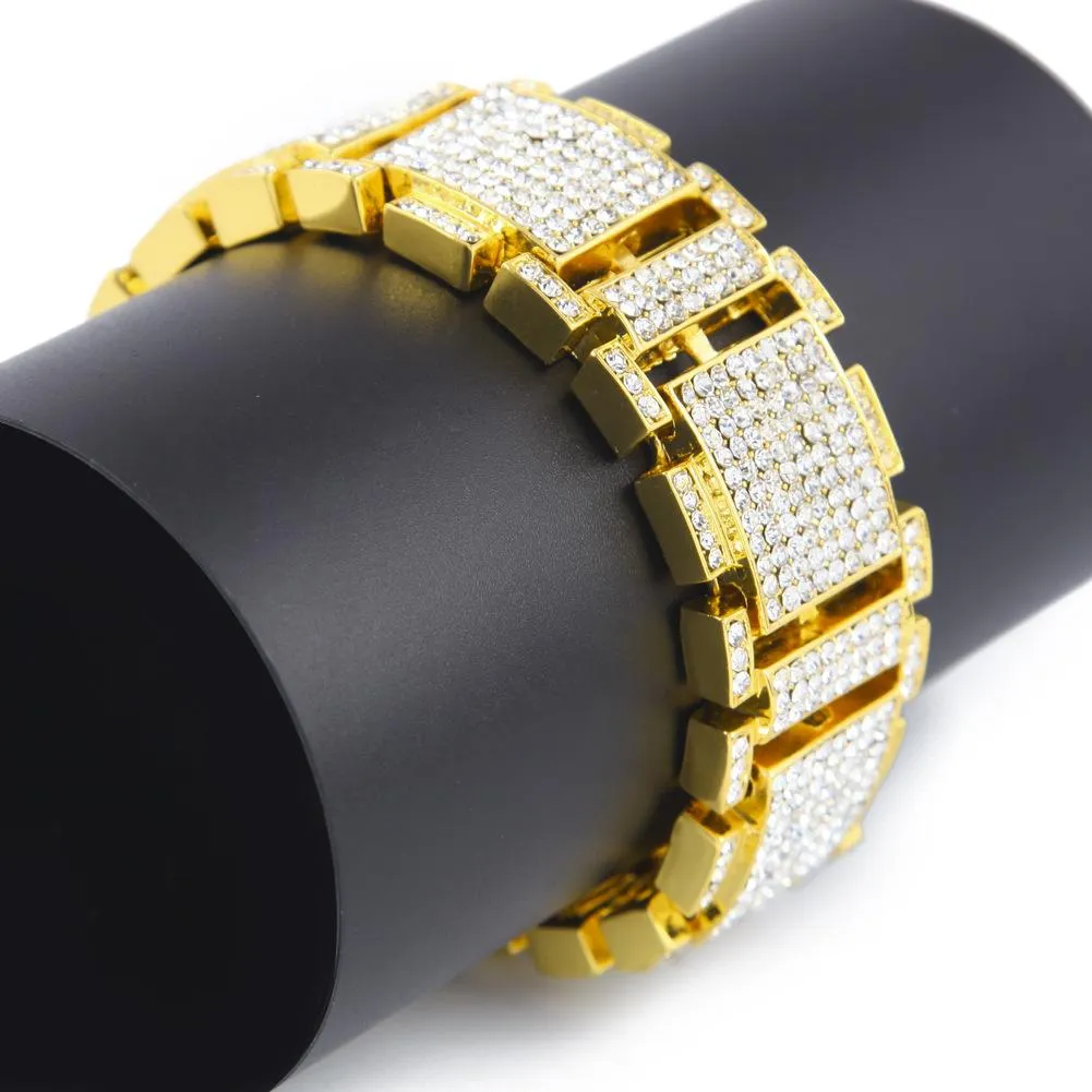 New Fashion Acciaio inossidabile Bling Full Diamond Oro Argento Nero Hip Hop Mens Watch Band Bracciale a catena Rapper Wristband Jewelry f294b