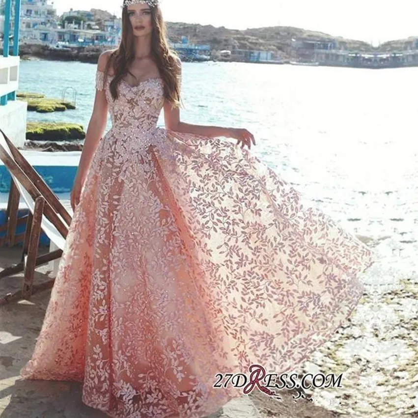 2020 Nuevos Impresionantes Cuentas de lujo de color rosa Apliques Vestidos de noche de encaje Arabia Saudita Elegante fuera del hombro Una línea Vestidos de fiesta Vestidos de baile