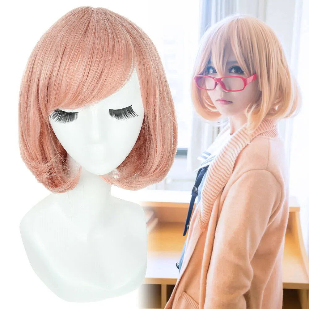 En gros livraison gratuite Kyokai no Kanata Kuriyama Mirai Cosplay Perruques Femmes Rose Bob Oblique Bangs Perruque