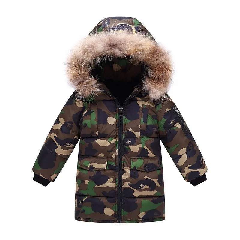 Nya pojkar ner Parka Jackor Varm Vinter Kläder Pojke Barn Zipper Varma Coats Casual Barn Ytterkläder Pojke Hooded Camouflage Jacket