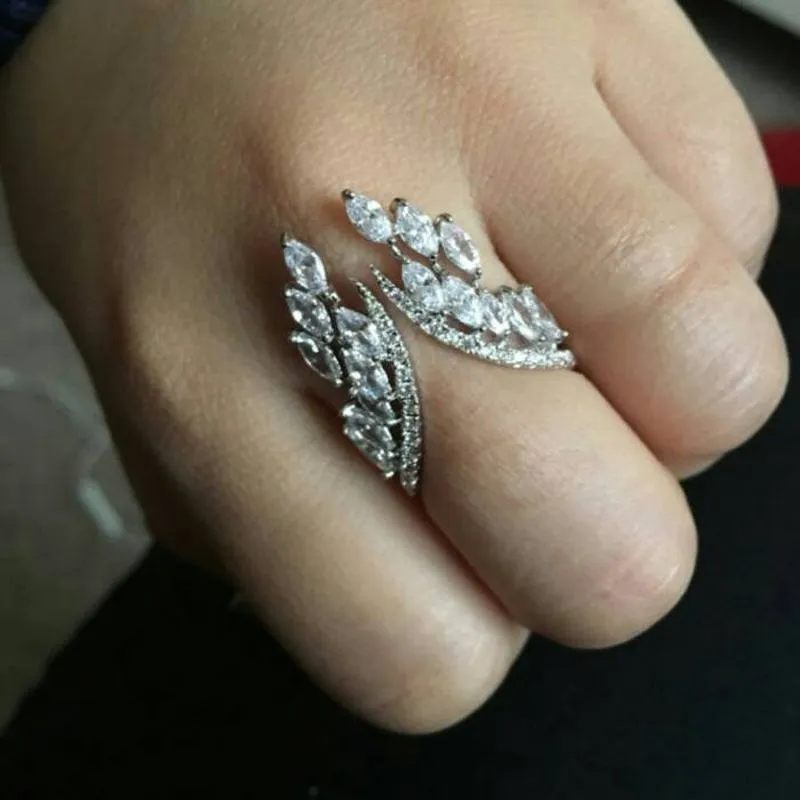 2018 Unique Shaped Wing 925 Sterling Silver Anel Ajustável para Mulheres Anéis de Cristal com Corte Marquise Jóias Anillos Anel