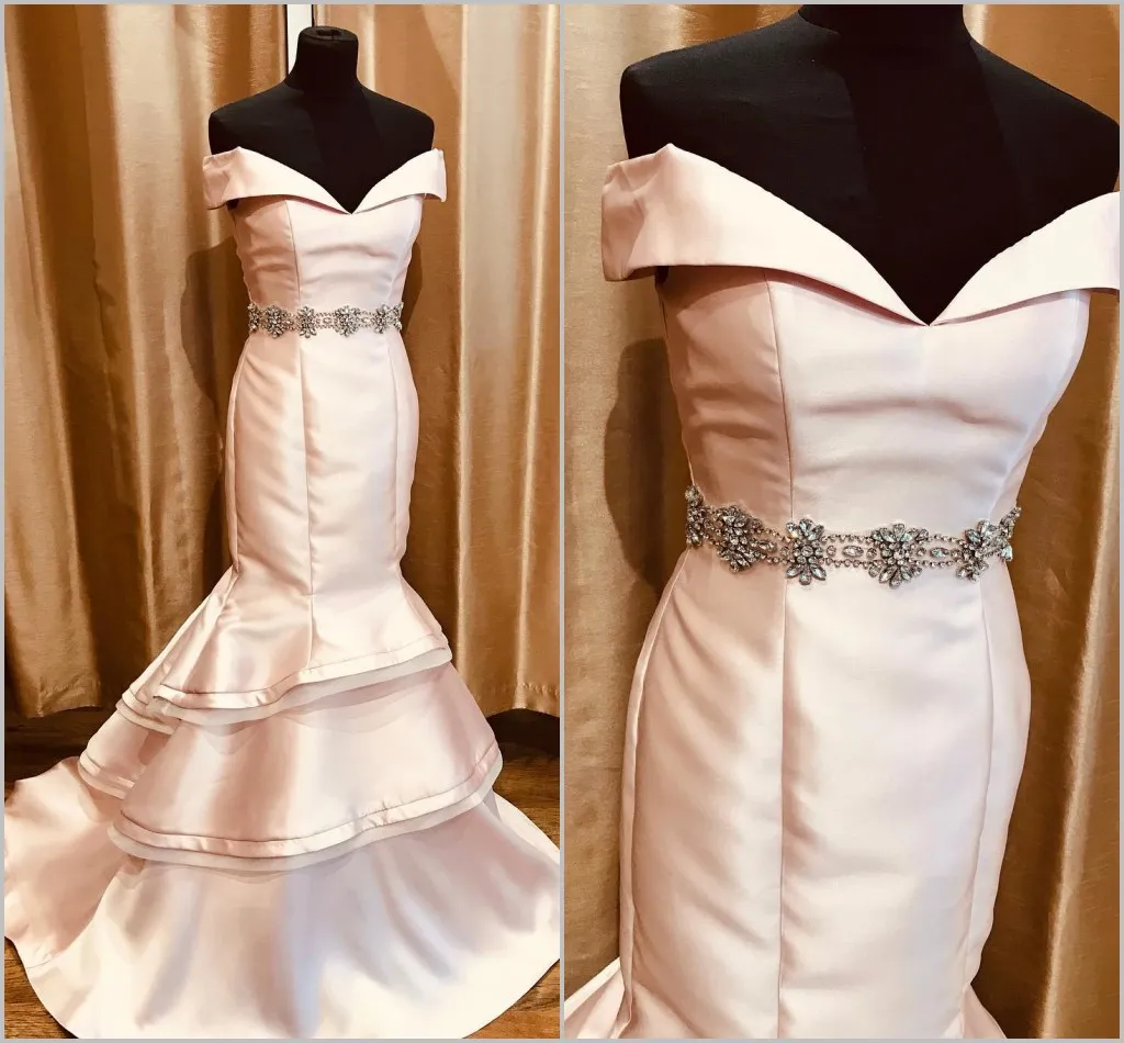 2019 rosa av axelkvällsklänningen fläckar sjöjungfrun lång prom klänning sash golv längd kvinnor festklänningar