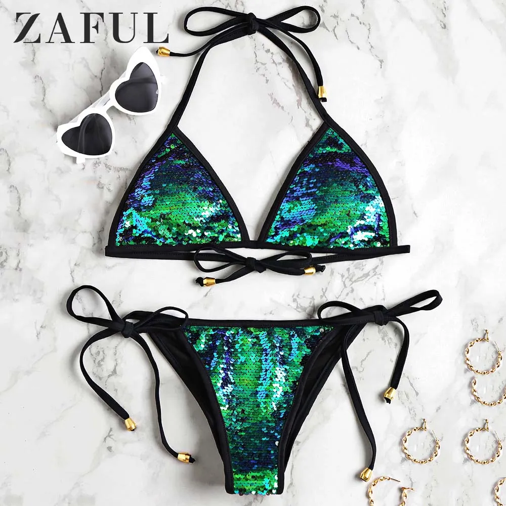 Zaful Bikini 2020 여성 Squinch Scrunch Butt String 비키니 세트 스스로 넥타이 고삐 Shinning Sequins Swimsuit Low Waisted Swimwear