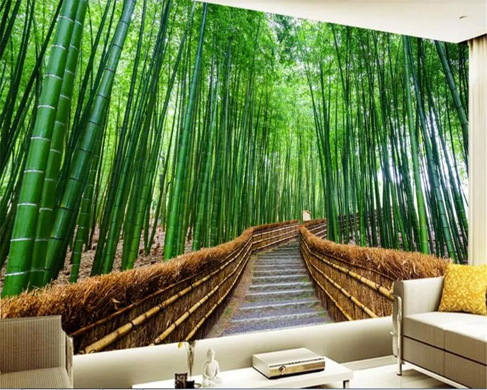 beibehang behang 3d behang custom bamboo bos nog steeds bloem kleine weg groene achtergrond verse tv papel de parede behang