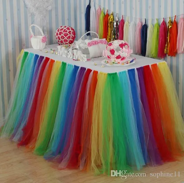 Kleurrijke regenboog tule tafelklep ronde tafel rok bruiloft gunsten partij baby douche decoratie bruiloft teken in tabel rok huis textiel