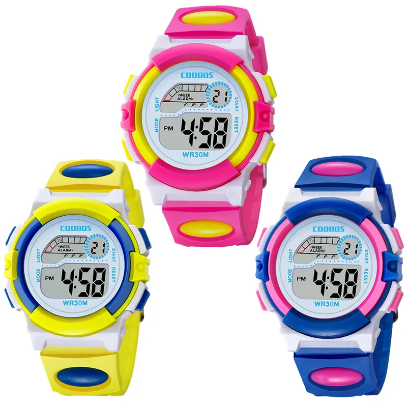 Colorful design fashion girls boys sport led digital watch COOBOS 0916 electronic Multifunction children gift party Kids watches