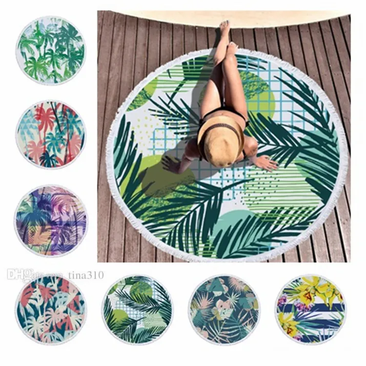 Hot Comfortable and soft plant blanket microfiber printed round Bath towel Polyester beach towels shawl cushion belt tassel 150cm T10I004