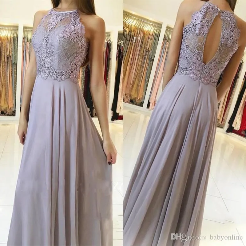 Silver Bridesmaid Dresses Lace Appliques Sleeves Halter Neck Chiffon Long Evening Gowns Prom Dress Plus Size Formal Wears