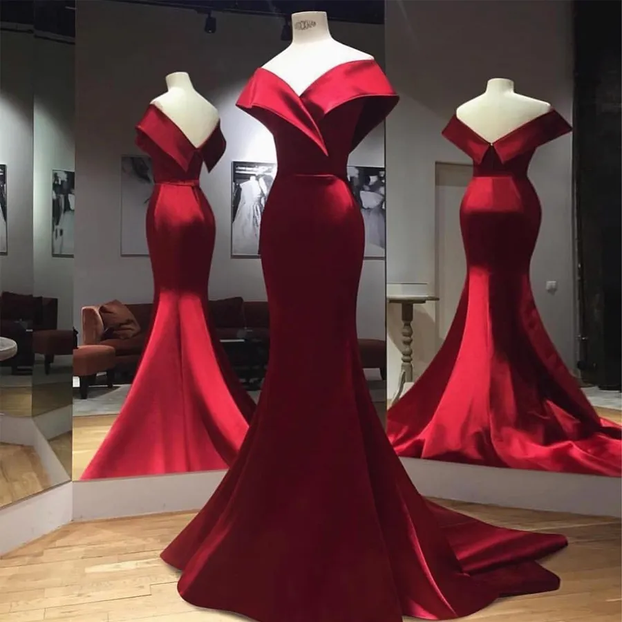 Röd billiga sjöjungfrun prom klänningar från axelkvällsklänningar svep tåg satin skräddarsydd formell klänning 415