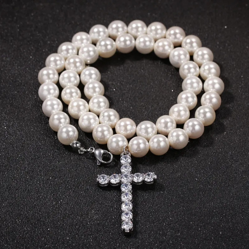 Fashion Mens Pearl Beaded Necklace Hip Hop Jewelry Iced Out Cross Pendant Necklaces 8mm 10mm