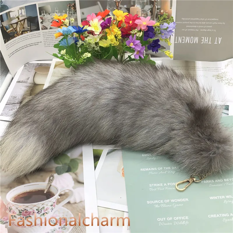 40cm/16"- Long Real Silver Blue Fox Fur Tail Keychians Cosplay Toy Keyrings Car KeyChain Bag Charm Tassels
