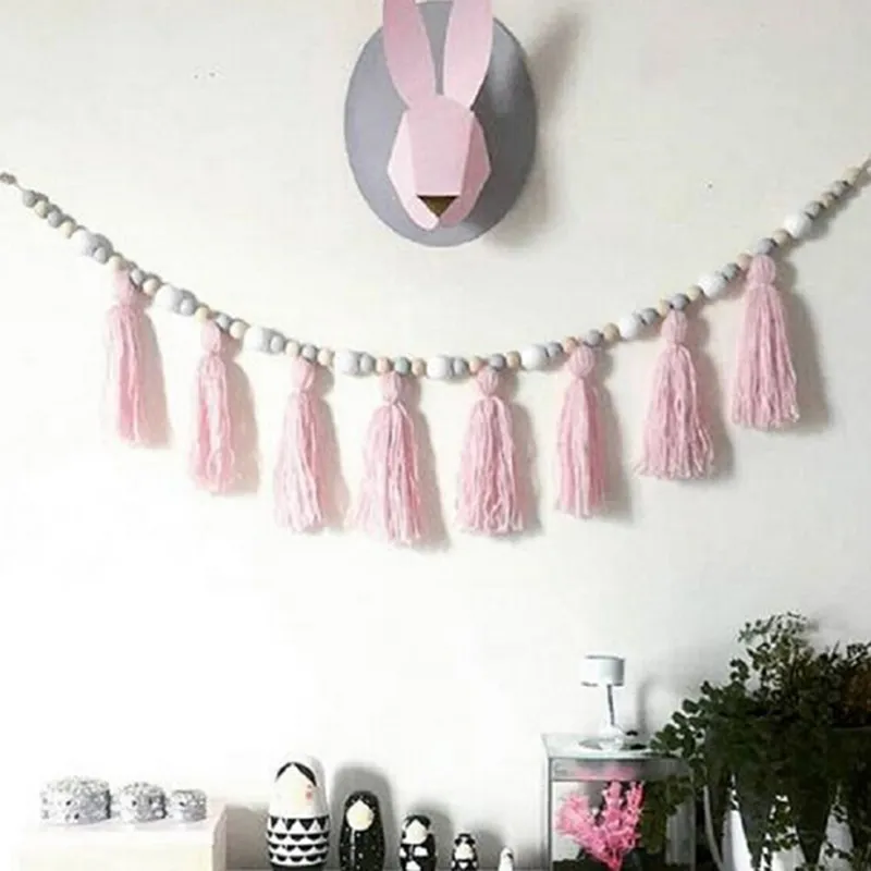 2020 New Macarons Room Decoration Wooden Bead Tassel Wall Hanging Nordic Wood Girl Baby Beads Hanging Curtain Sticker Kids
