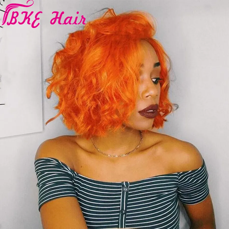 Ny Orange Wig Lace Front Bob Parykor Lös våg Simulering Mänskliga hår Korta Paryker Med BabyHair Syntetiska Pre Plocked