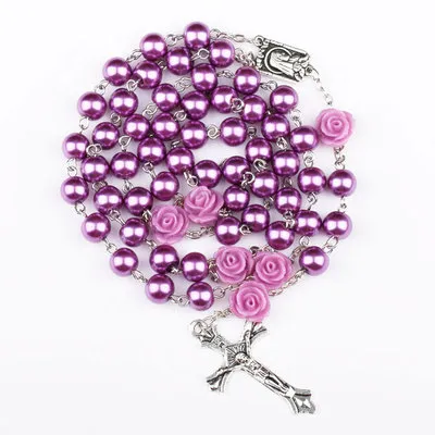 Religious Simulated Pearl Beads Purple Rose Catholic Rosary Necklace Long Necklaces Jesus Jewelry