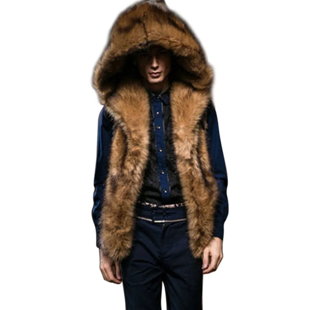Luxury Winter Mens Racoon Fur Coat Vest Warm Sleeveless Hooded