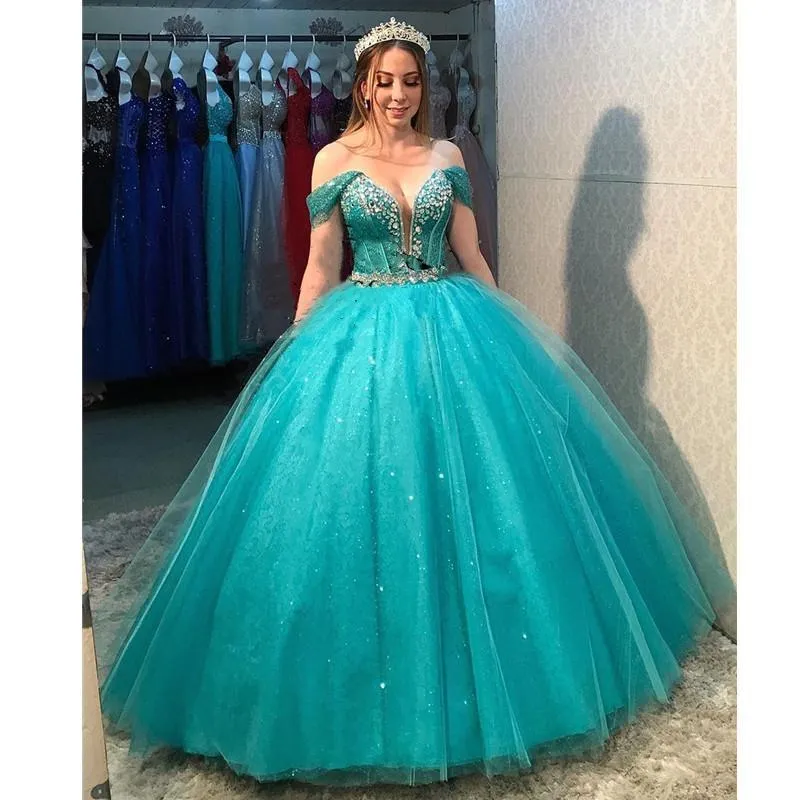 Turquoise Princess Gown teal blue quinceanera dresses with Overskirt, Off-Shoulder Design, Crystal Beads, and Long Formal Evening Party Glamour for