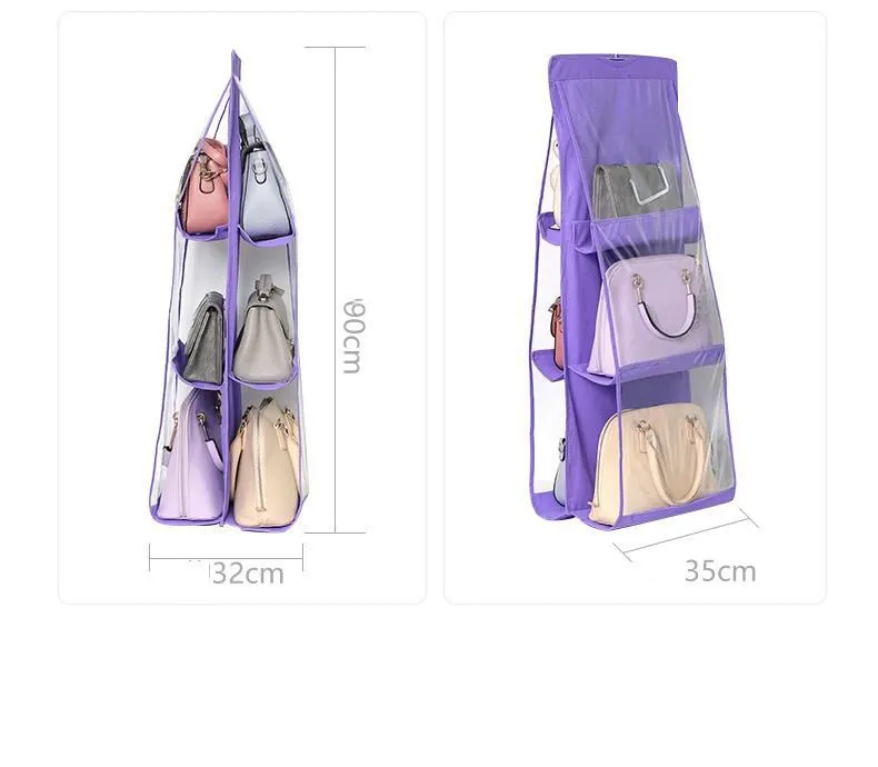 7 Colors Home 6 Pockets Handbag Purse Storage Bag Hanging Books Organizer Wardrobe Closet Hanger Double Sided Foldable Transparent EEA1419-3
