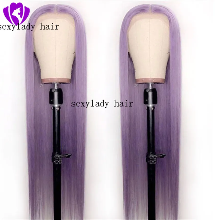 Perruque Lace Front Wig synthétique violette, cheveux naturels longs et lisses, densité 180%, pour femmes