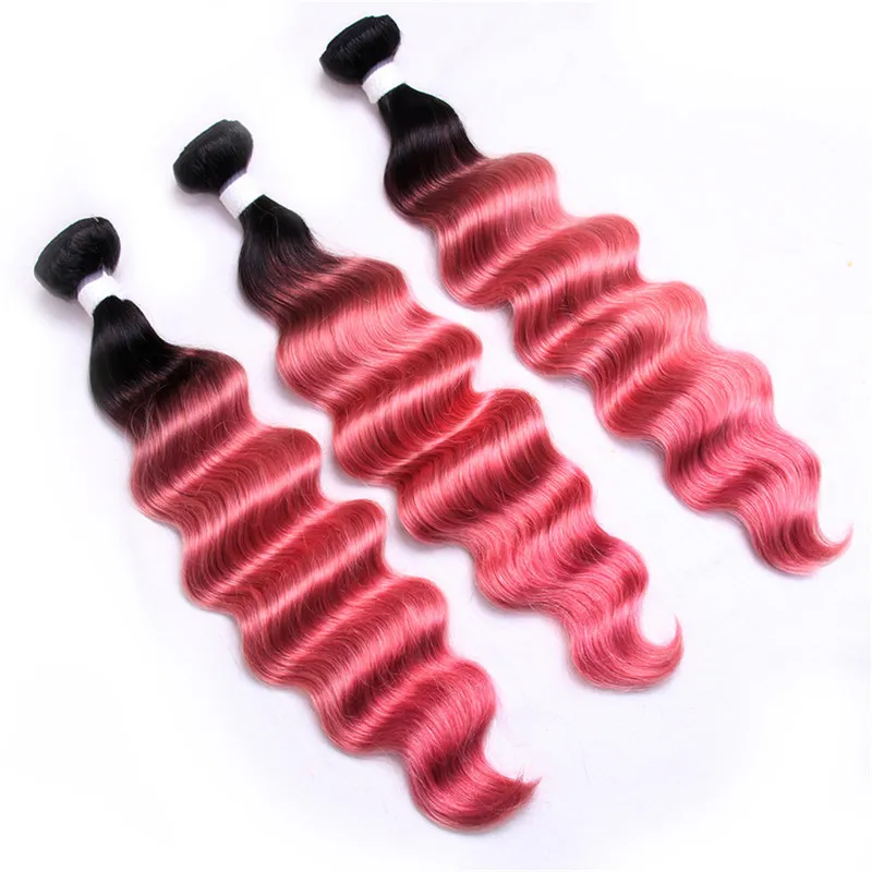 Raízes rosa Ombre Pacotes Virgin brasileira extensões do cabelo da onda profunda Curly cabelo escuro extensões de cabelo encaracolado tece 3Pcs / Lot