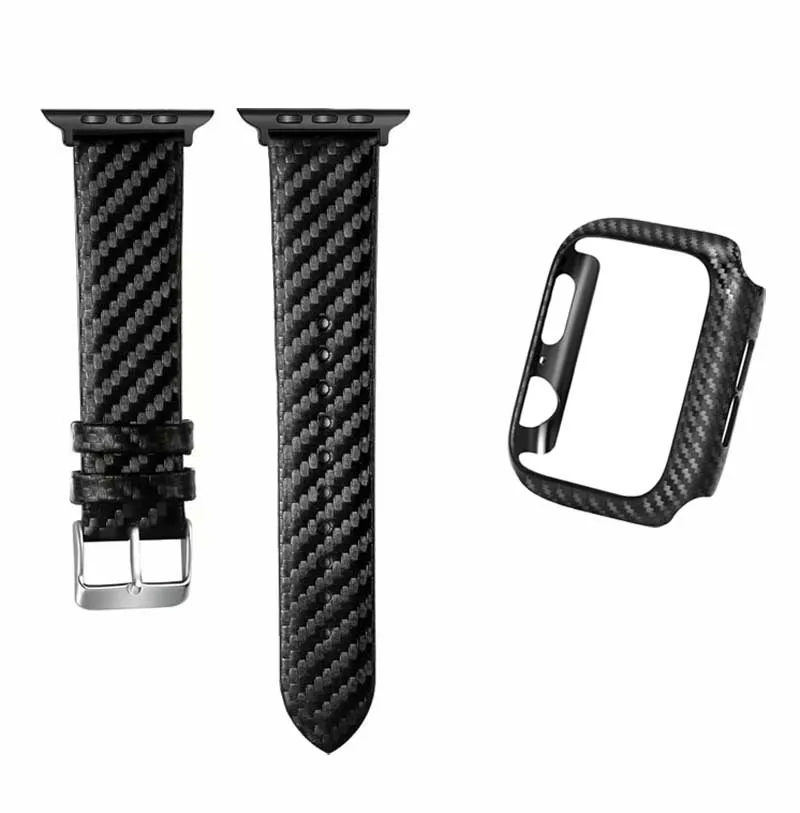 Smarta remmar för Apple Watch Bands 44mm 38mm 40mm 42mm läder kolfiberfodral Band 2 bit Set Iwatch Band Sports Armband Smart Straps Watchband Vom7