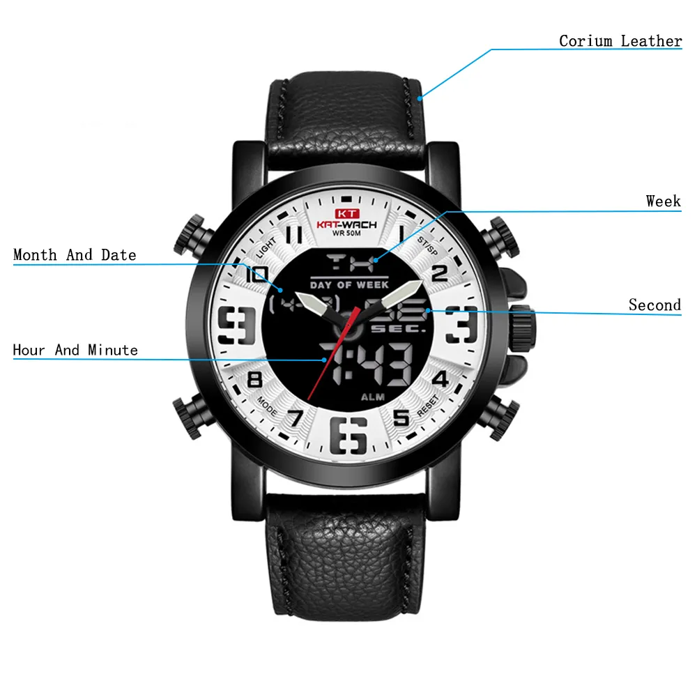 Kt marca superior relógios masculino pulseira de couro relógio de pulso dos homens marca luxo relógio quartzo cronógrafo à prova dwaterproof água preto kt1845308h