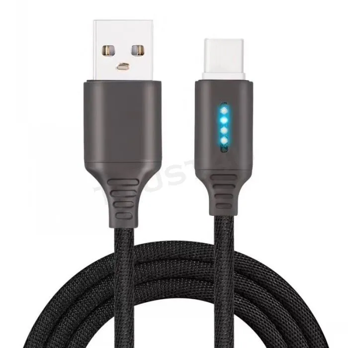 Smart Intelligent LED Zinc Alloy USB Cable Stripe Nylon Braided 2.1A Fast Charging Micro USB type-c Charger Cable Cord for LG Huawei Samsung