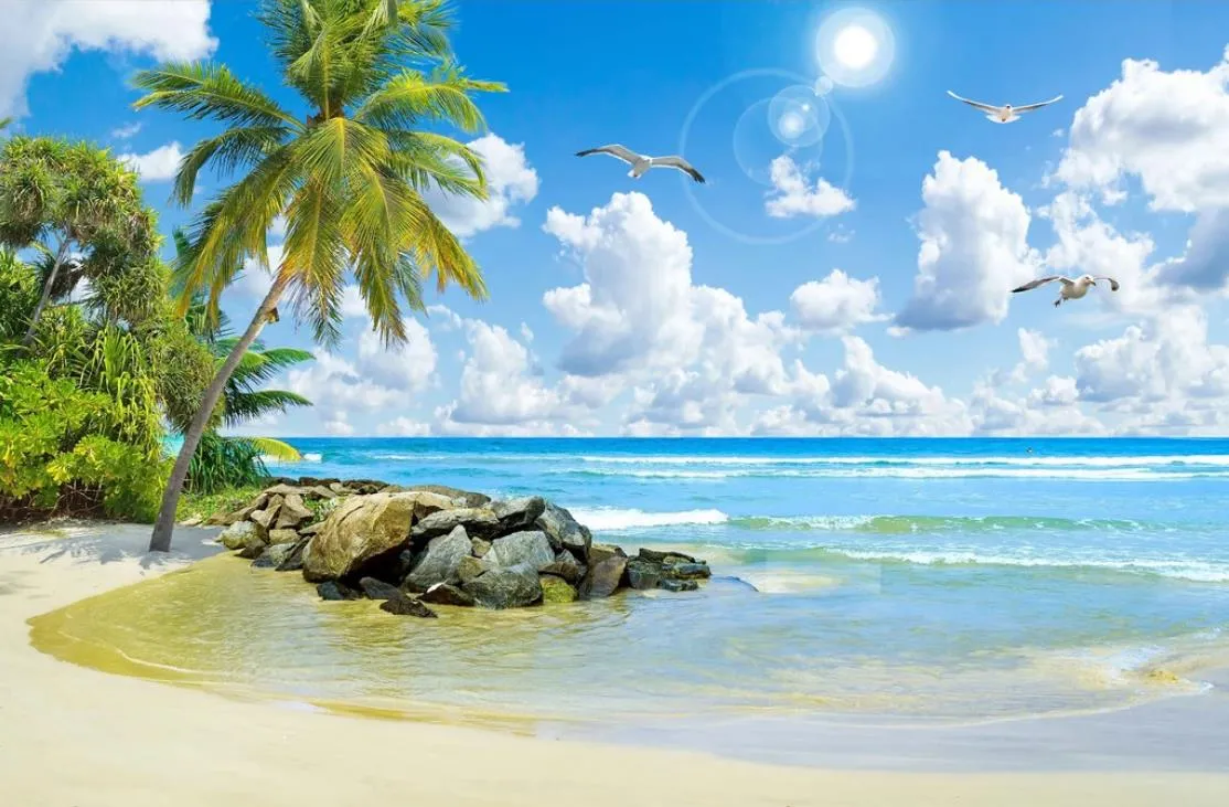 3D Seascape Wallpaper, Blue Silk, Beach Tree Landscape Painting, Living  Room TV Background Wall, Moisture Proof, Fireproof, Soundproof, Custom Size  From Wallpaper2018, $50.26 | DHgate.Com, image size:1114x731