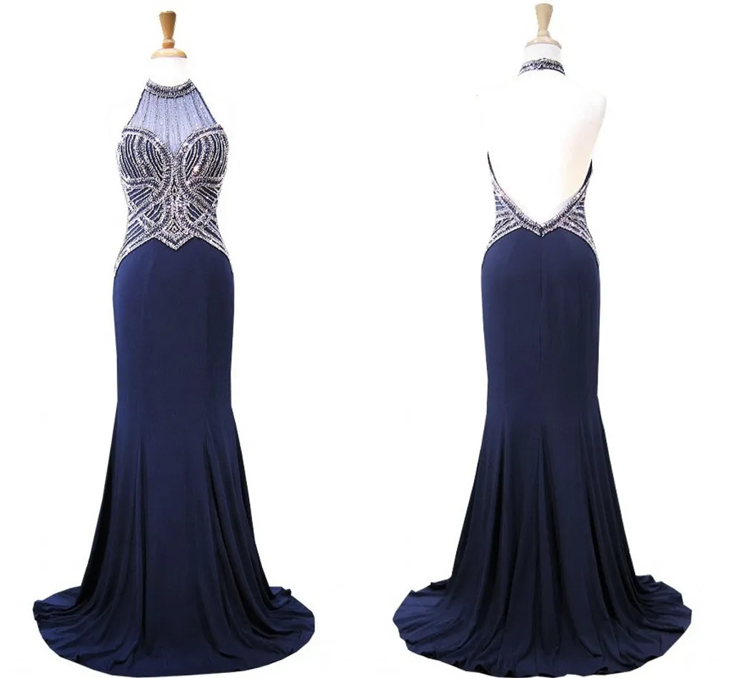 Sparkly Navy Blue Trumpet Evening Lång Formella Klänningar Halter Top Pearls Beading Crystal Mermaid Prom Dress Open Back Vestidos de Festia