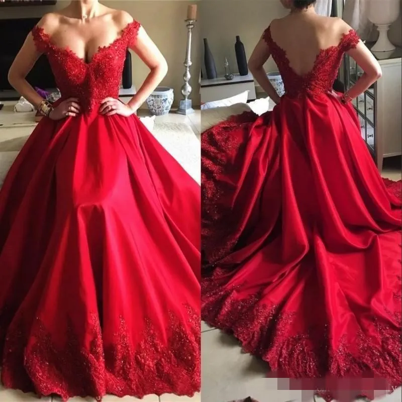 2020 Red Prom Vestidos Cap Mangas Lace Applique Frisado Uma Linha Fora Do Ombro Cetim Backless Vestido de Noite Formal Ocn Wear Custom Made 401 401