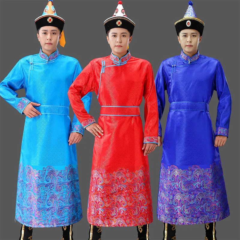 Mongolian Tibetan style clothing for men oriental costume male Chinese folk dance stage wear Adult Asia ethnic gown festival apparel