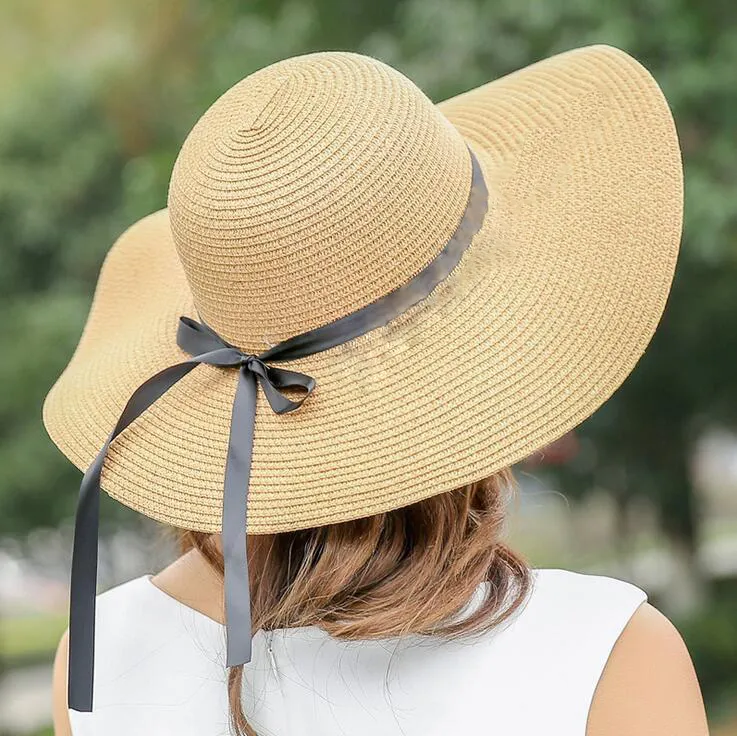 Wide Brim Hats For Ladies Foldable Sun Caps With Bow Knot, Straw