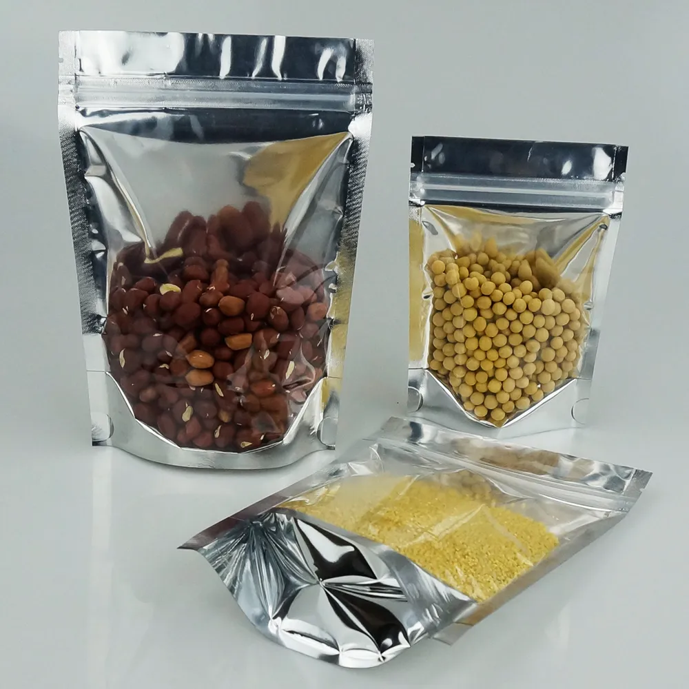 9 14cm 100st Stand Up genomskinlig aluminium Ziplock Bag - Front Clear Reclosabel Metallic Aluminium Mylar Plastic Pouch Pouch Dxhet SE259G