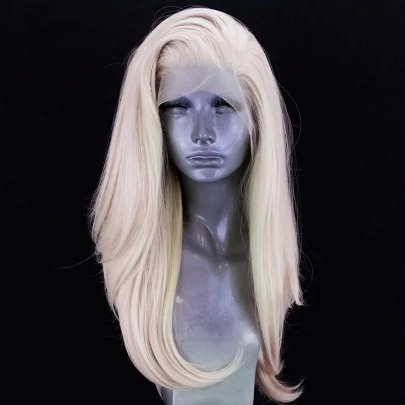 Sidodel Naturlig Long Platinum Blondwig Högtemperatur Fiber 360 Lace Syntetisk Lace Front Wig för vita kvinnor