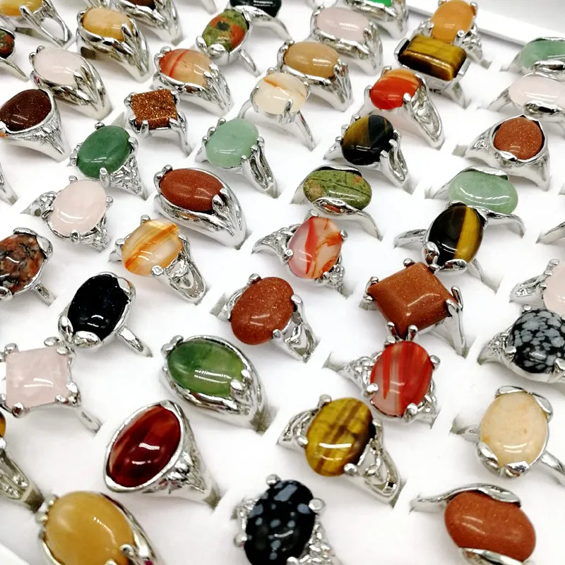 30 Pieces/lot Rainbow Natural Band Gem Stone Rings For Women Men Mix Bohemian Style Designs Couples Designer Jewelry Engagement Accessories Gift Wholesale