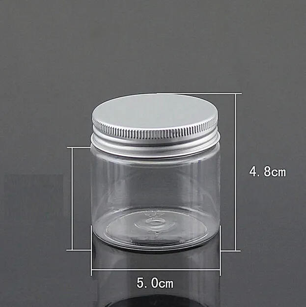 100pcs Alüminyum kapaklı toptan plastik kavanoz/berrak boş şişe vidası kozmetik kaplar 50ml boncuk krem ​​kavanoz