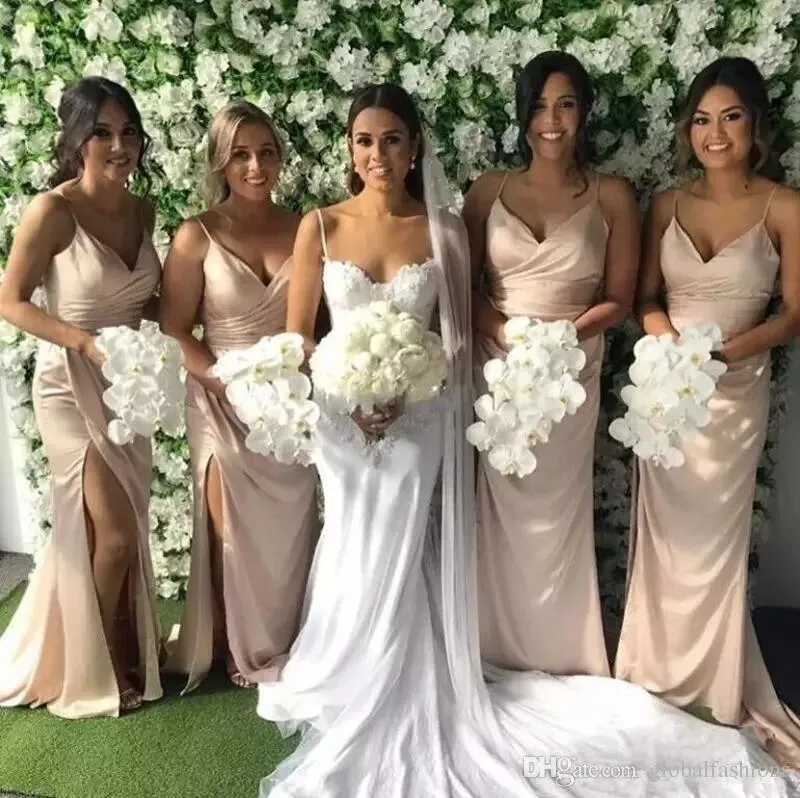 Customizable Champagne Mermaid bridesmaid dress with Spaghetti Straps, V-Neck, Ruched Split, and Side - Perfect for Wedding Guests and Maid of Honor