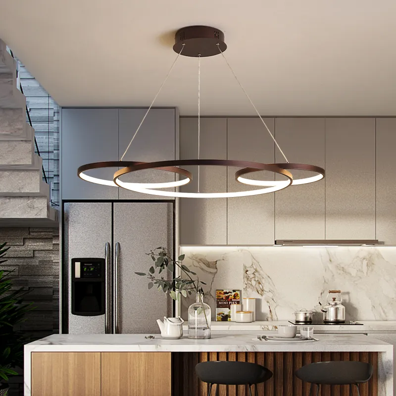 حلقات الدائرة الحديثة LED الثريا الألومنيوم قلادة القهوة الخفيفة الانتهاء من غرفة الطعام غرفة المعيشة غرفة المطبخ