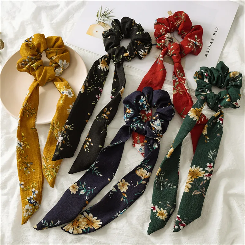 INS 5 colors Vintage Hair Scrunchies Bow Women Accessories Hair Bands Ties Scrunchie Ponytail Holder Rubber Rope Decoration Big Long Bow