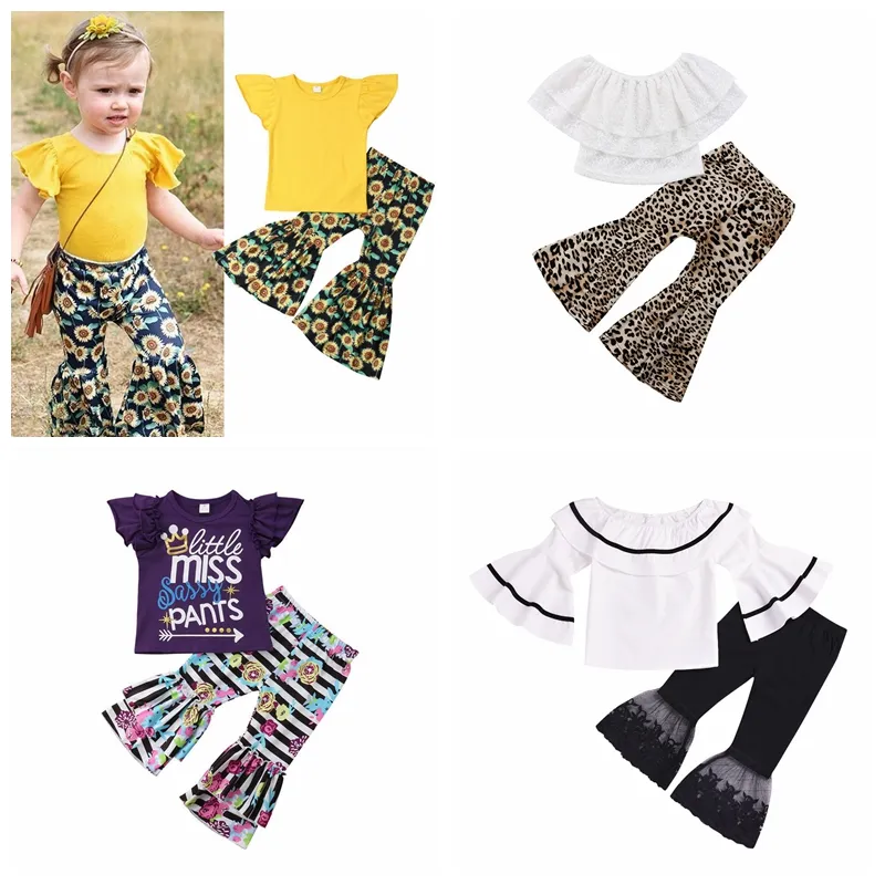 2 pçs / lote crianças ternos verão nova moda meninas lace top leopardo bell-bottoms crianças roupas set boutique
