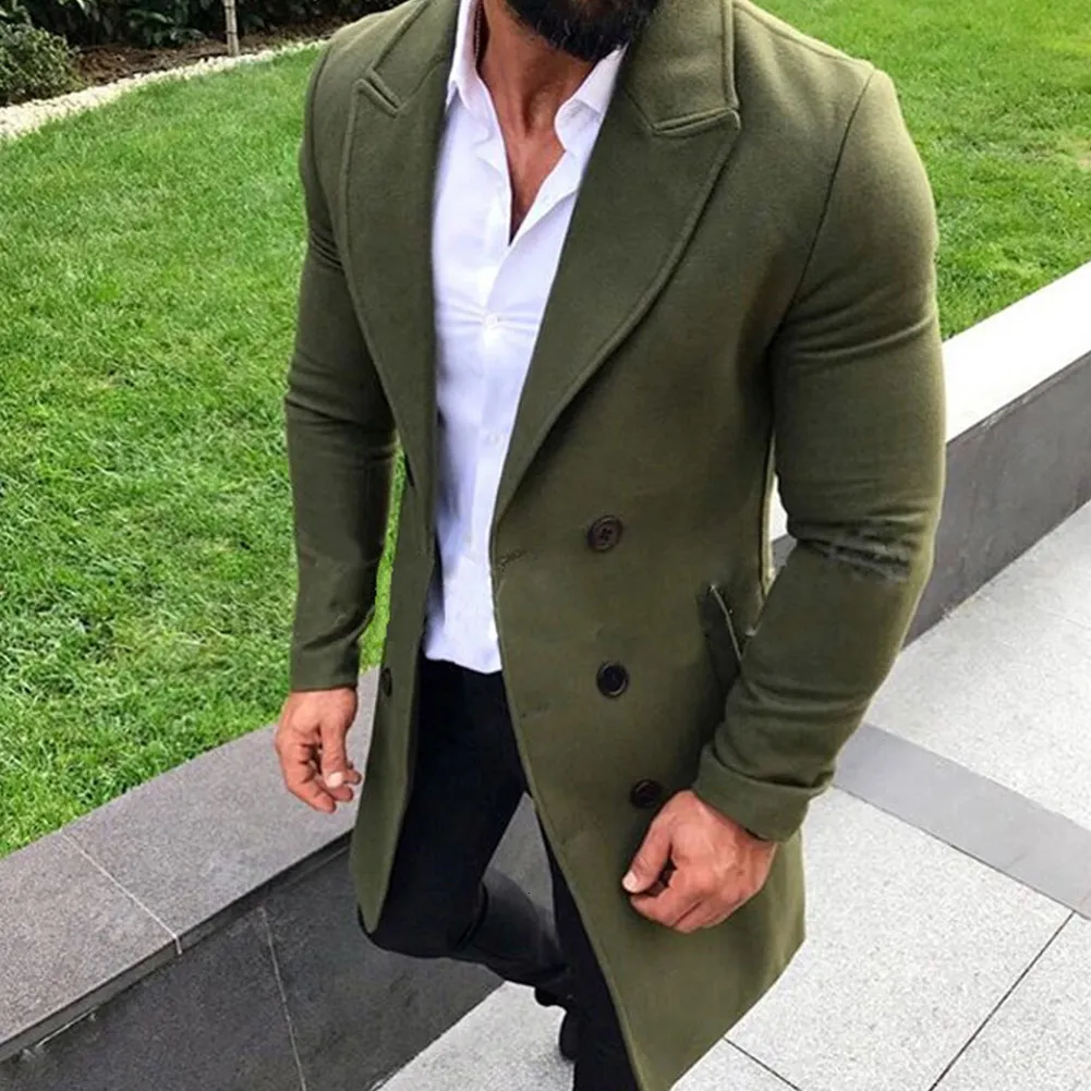 Men Fashion Turn-down Collar Wool Blend Double Breasted Pea Coat Jacket Men Brand Overcoats Autumn Long Wool Coat CJ191212