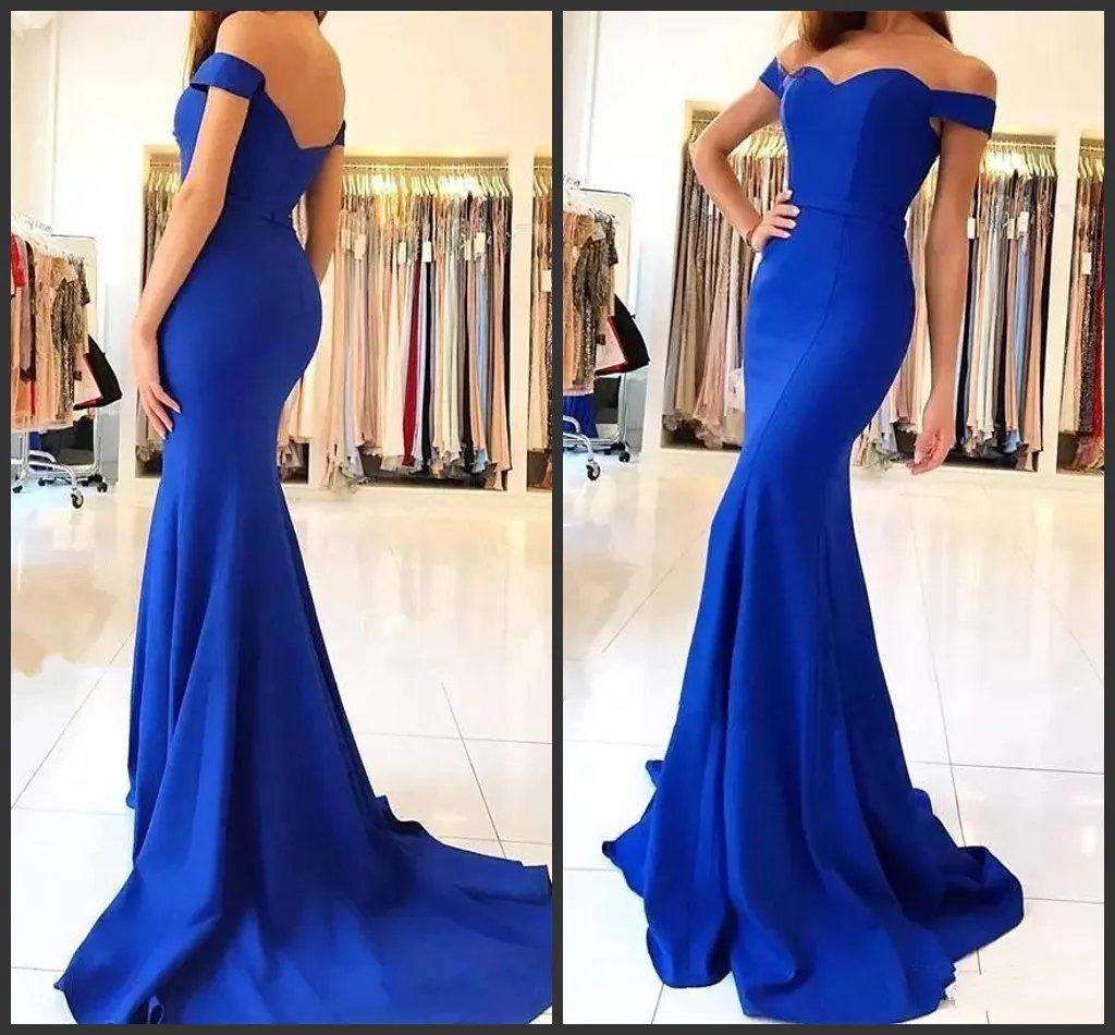 Novo azul real sereia vestidos de baile elegante cetim querida fora do ombro sem costas simples trem varredura formal festa vestidos noite