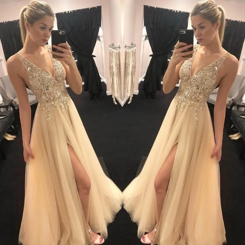 Stunning American Prom Dresses Sexy V neck Sheer Top Beaded Sequins Tulle Vogue Front Slit Evening Gowns Boho Engagement Party Dresses