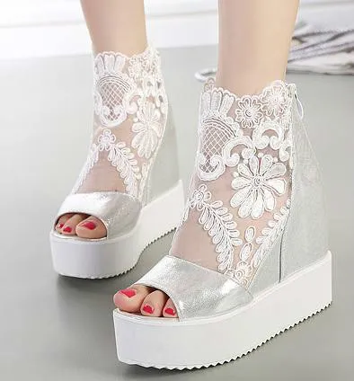 The Price Of Lace White Sandals High Platform Wedge Sandals Invisible Height Increased Peep Toe Women Shoes 2 Colors Size 35 To 39