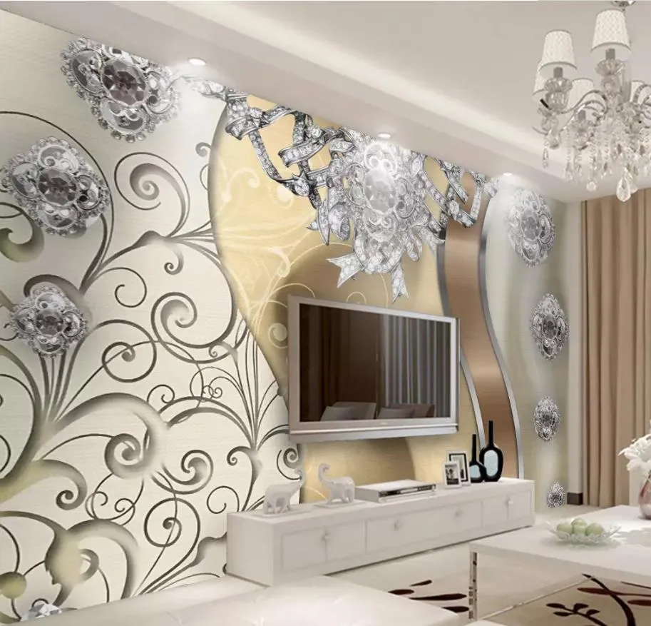 European golden lace jewelry flower TV background wall modern living room wallpapers