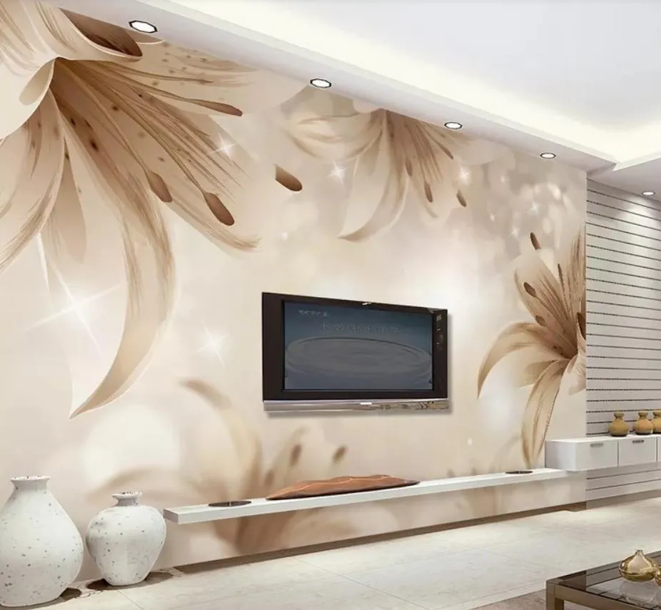 3D壁の壁画の壁紙の夢のようなコーヒーカラーユリモダンミニマリストテレビの背景の壁