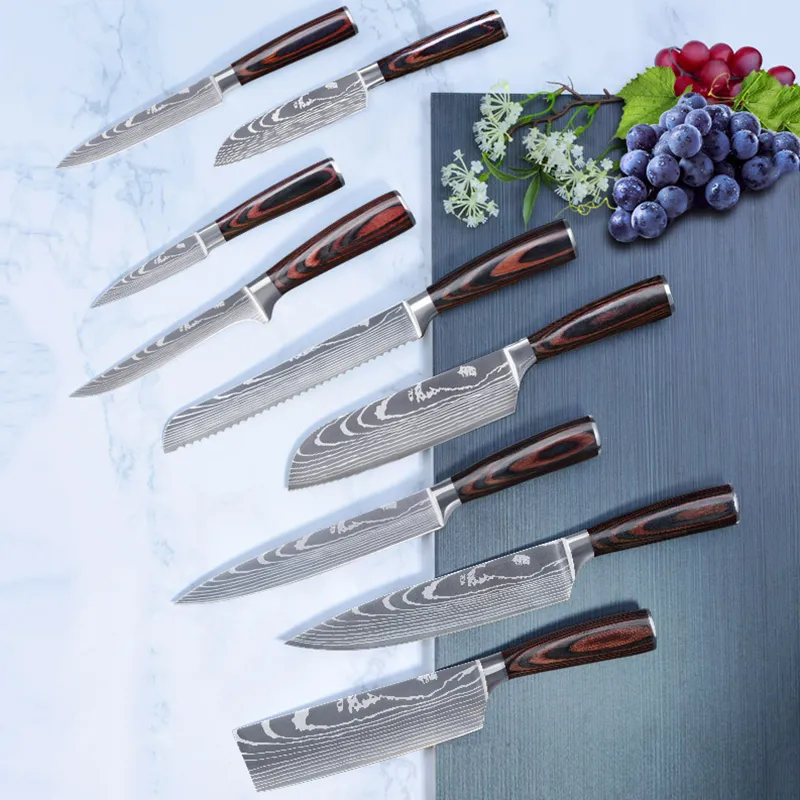 Chef Knife Set Profession Japanese Kitchen Knives Laser Damascus Pattern Sharp Santoku Cleaver Slicing Utility Boning Knives Cooking Tools