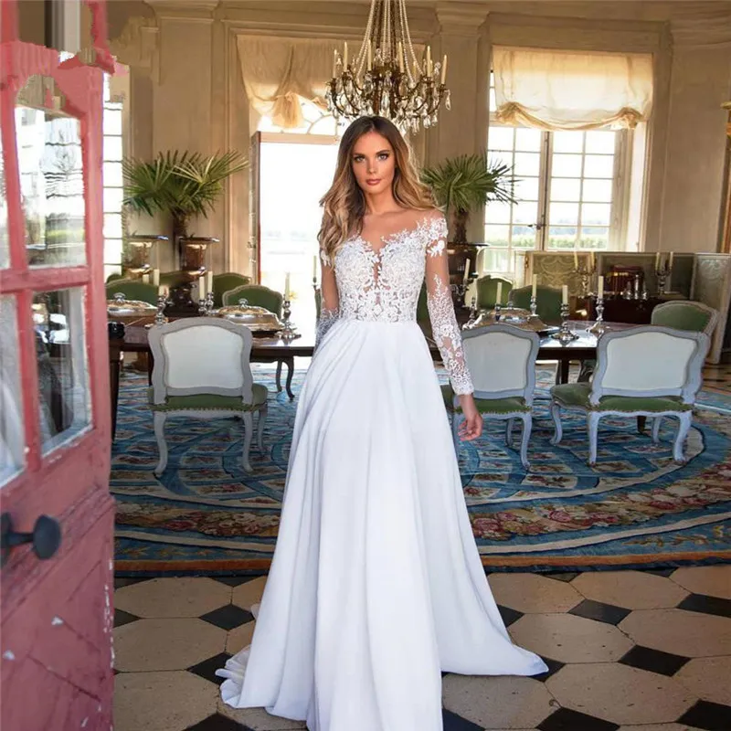 A-Line Simple 2019 Wedding Gowns Lace Applique Top Long Sleeve Sheer Neck Beach Wedding Bridal Gowns Floor Length Top Quality