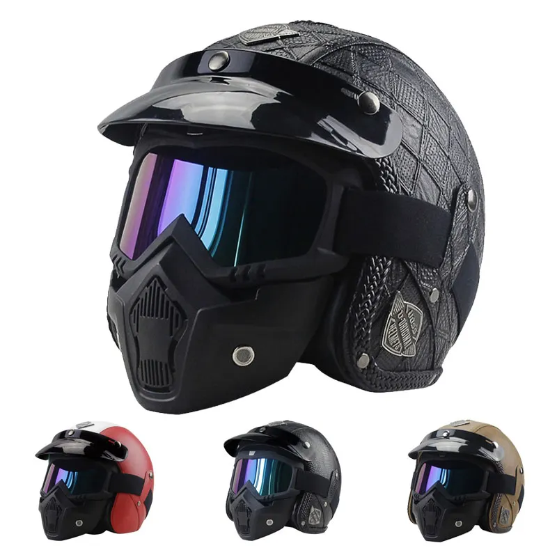 Casques de moto en cuir PU Chopper Bike Half Helmet Vintage Goggle Mask