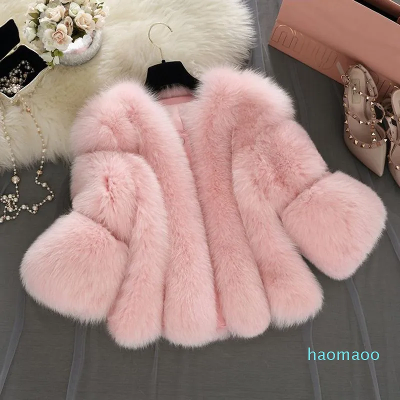 Hot sale-Fashion Artificial Fur Coat Women Girls 3/4 Sleeve Fluffy Faux Fur Short Thick Coats Jacket Furry Party Overcoat 2018 Winter